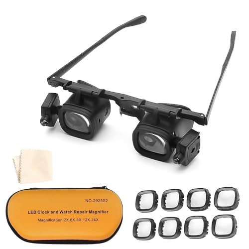 SKIKHN Lupa con Luz 2 LED, Gafas de Lupa con Luz, Lupa para la Cabeza, Gafas de Aumento con 4 Lentes Desmontables, para Leer, Reparaciones, Joyería, Aficiones, Costura, Personas Mayores