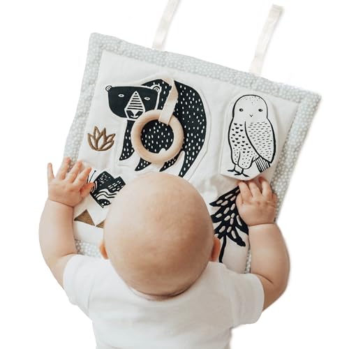 Image of Wee Gallery Woodland Activity Pad Organic Baby Play Mat with Sensory Toys, High Contrast Newborn Essentials Soft Tummy Time Mat for Babies 0-12 Months, Visual and Motor Skill Development Toy