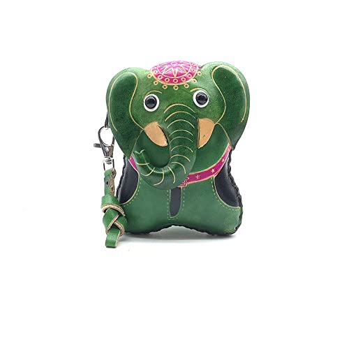 Vintage Genuine Leather 3D Animal Elephant Coin Purse With Removable Wrist Strap #005 (Green)