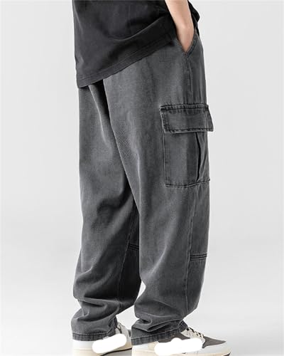 Men's Patchwork Jeans Loose Baggy Hip Hop Wash Straight Leg Denim Cargo Pants Drawstring4