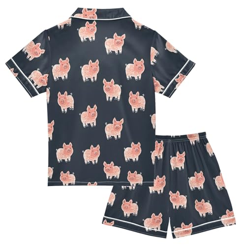 Cute Simple Pigs Pattern Summer Satin Pajama Set, Cute Button-Down Sleepwear Pj Set for Sleep Wears2