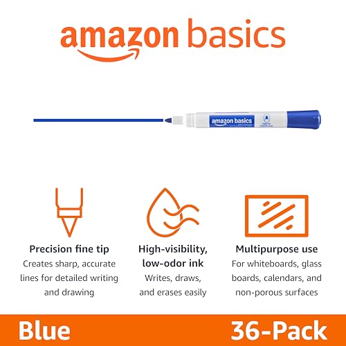 Image of Amazon Basics Low-Odor Dry Erase Whiteboard Markers, Fine Tip, Quick-Dry, Blue, 36-Pack