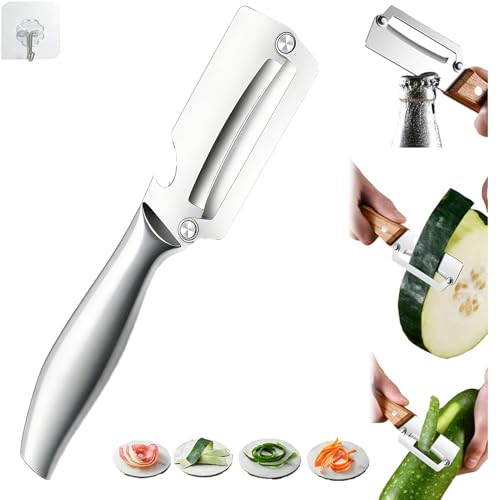Pelador multifuncional de verduras para cocina, acero inoxidable ultra afilado, para verduras, frutas, zanahorias, naranjas y patatas, con mango ergonómico de madera y abridor de botellas (plateado, 1