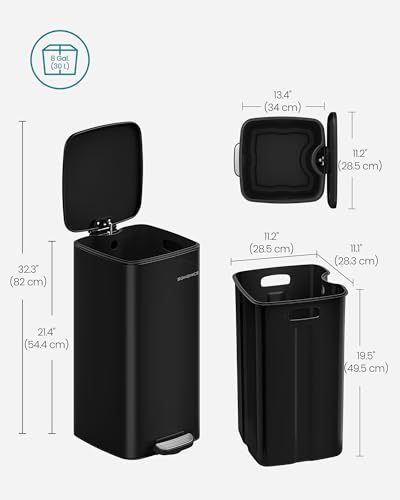 SONGMICS Kitchen Bin, 8-Gallon (30 L) Trash Bin, Steel Pedal Bin, with Inner Bucket, Soft Close and Stays Open, Ink Black LTB593B02 - Image 6
