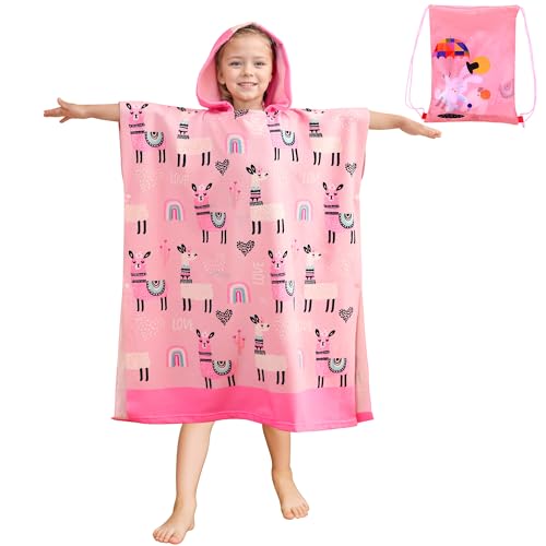 FILOWA Poncho Toalla de Baño Niñas Microfibra Toalla de Playa con Capucha Piscina Toalla Poncho Rosa Alpaca Poncho de Baño 75 * 180cm Grande Absorbente Albornoz para Infantiles Adolescente 6-15 años