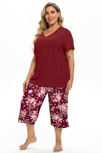 Image of Vozanet Women's V Neck Sexy Pajamas Capri Sets Mexican Style Floral Sleepwear 2PCS Totem Casual Nighty Plus Size M to 5XL