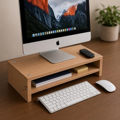 Image of Wooden Monitor Stand with Storage Organizer For Desk, Tables, Office, Home, Studio, Study Table | Desktop Ergonomic Monitor Stand Riser (Bavarian Oak, Large)