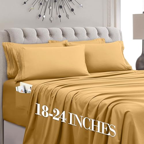 Image of Mocassi Luxury 4-Piece Sheet Set, Ultra Soft 1800 Premium Hotel Quality Microfiber Sheet Set, Fits Mattresses Up to 18 to 24 Inches Extra Deep Pocket - Breathable and Secure Fit, Twin, Gold