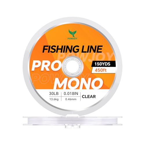 POWJOY 30LB Strong Yet Ultra Thin Pro Grade Clear Monofilament Fishing Line 150 Yards for Big Bass Trout Fishes, Smooth as silk for longer casting & higher sensitivity, Included Knot Instruction Cards