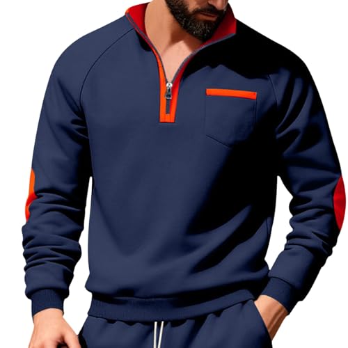 Vhersily Sudadera de hombre sin capucha con cuello alto, media cremallera, diseño bicolor, transpirable Hip Hop Patchwork Punk Casual Camisa Suelta Cómoda Streetwear Otoño Invierno Gimnasio, Azul