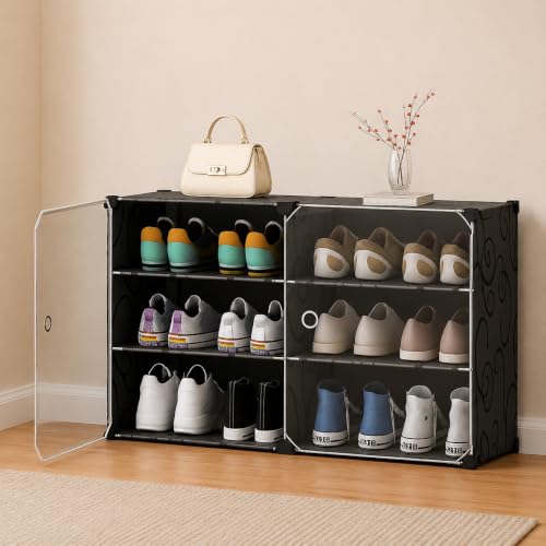 Image of Plastic Shoe Rack for Home with Door | 6-Shelf DIY Shoe Cabinet Organiser | Stores 12 Pairs | Foldable & Waterproof Shoe Stand for Entryway, Bedroom (Black, 2-Door)