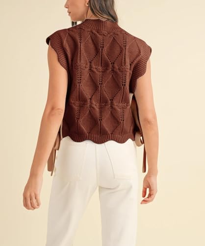 Image of Women Side Tie Sweater Vest Scallop Trim Mock Neck Knit Vest Bow Lace Up Ribbon Sweater Tank Top Knitwear