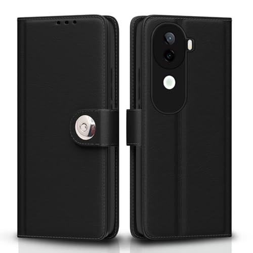 Image of Pikkme Flip Cover Leather Finish | Inside TPU with Card Pockets | Wallet Stand and Shock Proof | Complete Protection Button Flip Case for Vivo V40e 5G / iQOO Z9s 5G(Black)