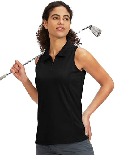 Viodia Women's Sleeveless Golf Shirt with Zip Up Tennis Quick Dry Tank Tops Polo Shirts for Women Golf Apparel Clothes Black