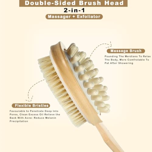 Image of Tony Stark 2-in-1 Long Handle Body Brush | Exfoliating & Massaging Bath Brush | Helps Reduce Cellulite | Boosts Blood Circulation | Gently Removes Dead Skin Cells | Natural Soft Bristles - 1 Piece