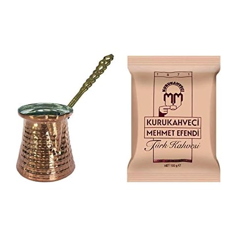 Turkish Copper Coffee Pot - Mehmet Efendi 100gr Coffee (150 ml Pot + 100 gr Coffee) Cover