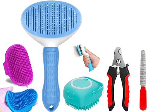 Style Keepers 4-in-1 Pet Grooming Kit for Dogs & Cats – Includes Self Cleaning Brush, Cat Comb, Silicone Bath Scrubber & Nail Clipper | Grooming Tools for All Hair Types | Dog Brush Kit