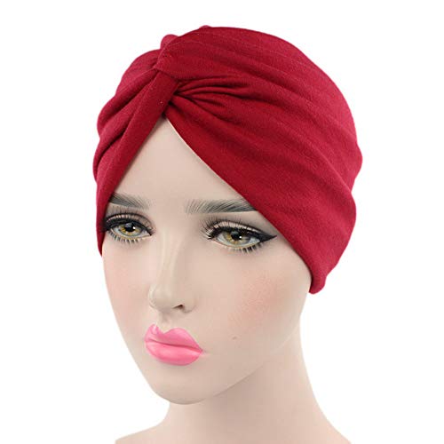 IBLUELOVER Bonnet Femme Turban Musulman Bandeau Elastique Respirant Chapeau Chimiothérapie en Coton pour Cancer Bandana Headscarf Coiffure Mode Indien Casquette Contre la Chute des Cheveux (Rouge)