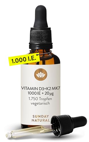 SUNDAY NATURAL® Vitamin D3 K2 Tropfen – Premium Vitamin D 3 1.000 IE (25µg) + K2-MK7 ≥99,8% all-trans 20µg – Kölner Liste® - Hohe Bioverfügbarkeit, ohne unnötige Zusätze, laborgeprüft