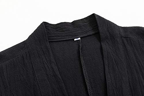 Image of Mens Japanese Kimono Cardigan Cotton Linen Haori Fashion 3 /4 Sleeve Yukata | Shawl Collar Kimono Jacket Robe Embroidery Patchwork Happi Coat Tie Pockets Lightweight Outerwear Daily Casual All Seasons