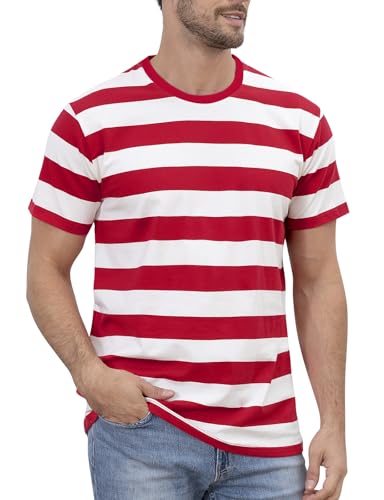 COSAVOROCK Rot Weiß Gestreiftes Tshirt Kurzarm Ringelshirt Herren Rundhalsausschnitt Kostüm L