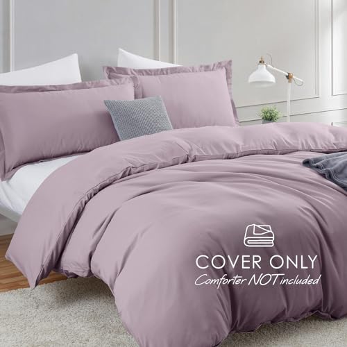 Image of Hearth & Harbor King 3Pc Microfiber Duvet Cover Set, Dusty Purple, Soft Brushed, Button Closure, 104x90 inches, 2 Shams | Soft Double Brushed Bedding Set, Button Closure, 1 Duvet Cover 104x90 Inches, 2 Pillow Shams