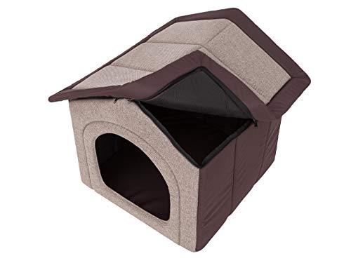 PillowPrim Hundehütte Hundehöhle Hundebett Hundehaus Katzenhöhle Größe XXXL - 76x72 cm Cappuccino mit braun