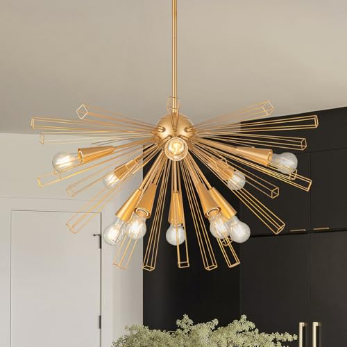 Modern 33'' Gold Sputnik Chandelier, 10-Light Mid Century Brushed Brass Starburst Chandelier...