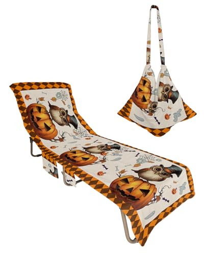 Halloween Beach Lounge Chair Towel Cover, Soft Chaise Lounge Towel with Side Pockets Patio Pool Chairs Cover for Beach/Pool Sunbathing 29x85 Orange Brown Plaid Owl Pumpkin Ghost