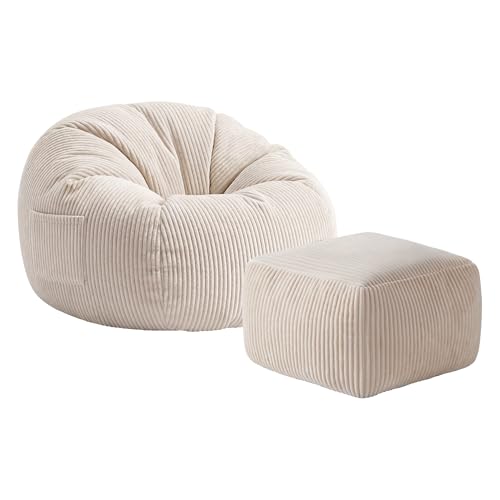 MARK ADLER Comfy 3.0 Riesen Sitzsack XL mit fußhocker für Erwachsene - Groß Cord Sessel & Pouf mit Griff - 125 x 85 x 50 cm Bequem - Schaumstofffüllung - Für Schlafzimmer und Wohnzimmer - Beige