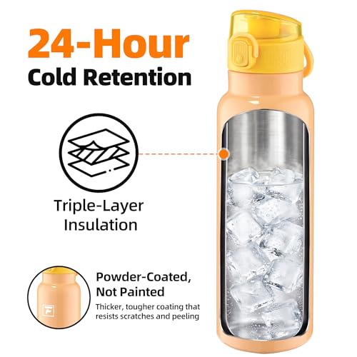 Image of Fanhaw 24 oz Insulated Water Bottle with Soft Silicone Spout Lid, Leakproof Stainless Steel Vacuum Bottle for School, Sports& Daily Use, Kids, Teens& Adults, Back to School Essentials (Saffron Yellow)