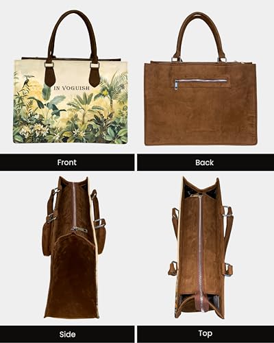 Image of Customized Canvas Tote Bag for Women with Vegan Suede - Custom Name Large Laptop Handbag (Fits 15 inch) - Eco-Friendly Tropical Print Shoulder Bag with Zipper Pockets - 16 inch inch Office & Travel bag