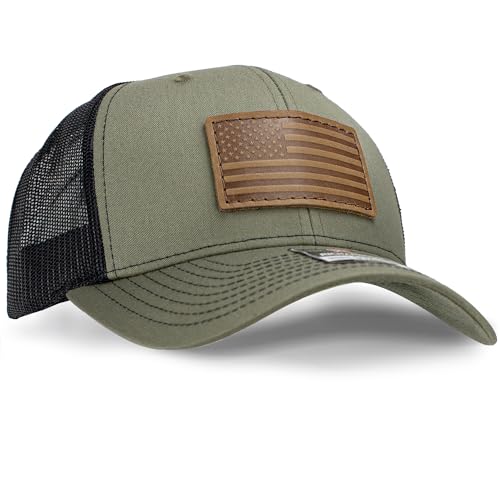 American Flag Richardson 112 Trucker Hat for Men | Leather Patch | Machine-Stitched Badge | Adjustable Snapback Country Hat (Loden+Black)