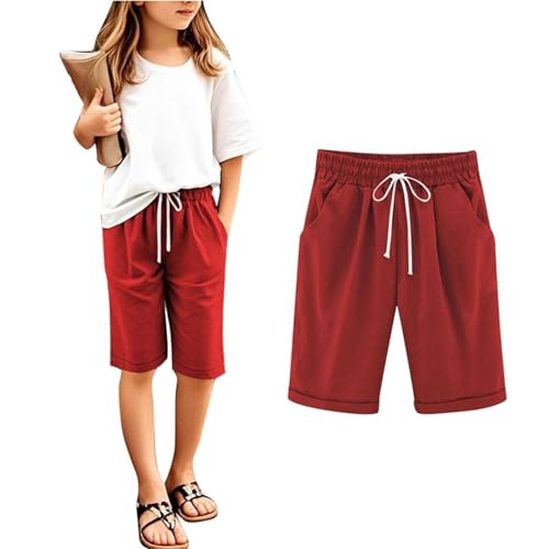 TYUSGH Bermudas informales de verano para niñas, pantalones cortos ligeros de color sólido, pantalones cortos de moda, pantalones de playa, atléticos, para correr, ropa deportiva, rosso, 12-13 años