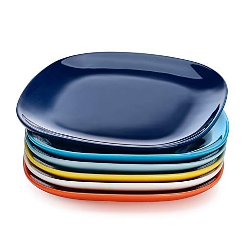 Sweese 153.002 Porcelain Square Dessert Salad Plates - 7.4 Inch - Set of 6, Multicolor, Hot Assorted Colors