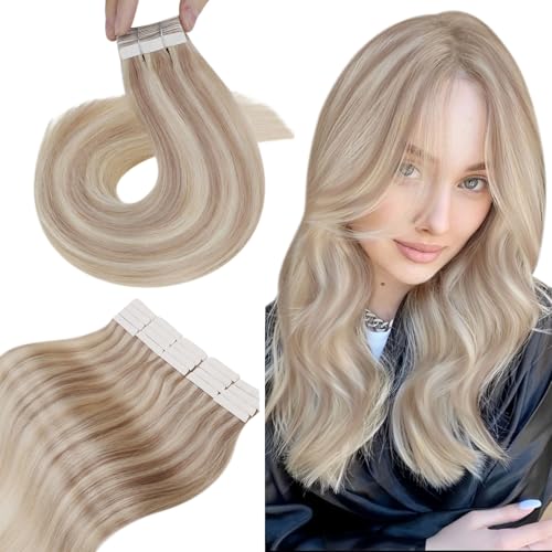 Hetto Tape in Hair Extensions Human Hair Ash Blonde with Bleach Blonde 20 Inch, Invisible Tape Hair Extensions