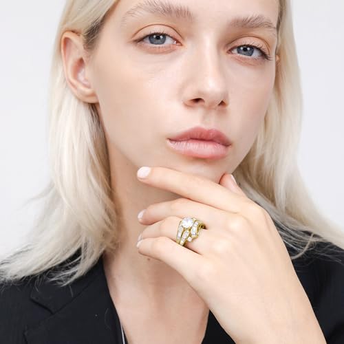 Hoops & Loops 925 Sterling Silver Cubic Zirconia Channel Set Triple Row Stunning Fashion Statement Wedding Bridal Anniversary Ring for Women, Silver, Yellow Gold4