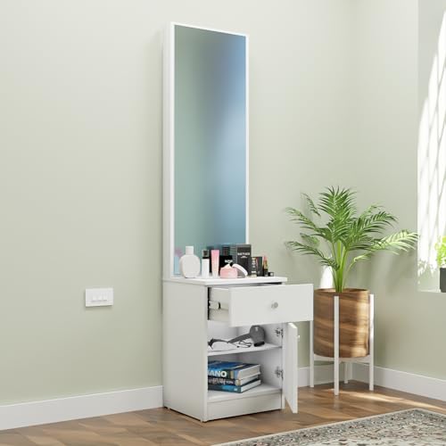 Image of VIKI | Engineered Wood Dressing Table with 1 Drawer & 1 Door, Mirror and Huge Storage Space | Vanity for Living Room, Bedroom (Frosty White - 43.8W x 40D x 182.6H cms)
