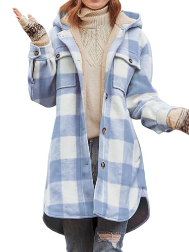Danedvi Womens Long Flannel Shirts Jackets Casual Hooded Button Down Plaid Coat Fall Long Sleeve Shacket with Pockets
