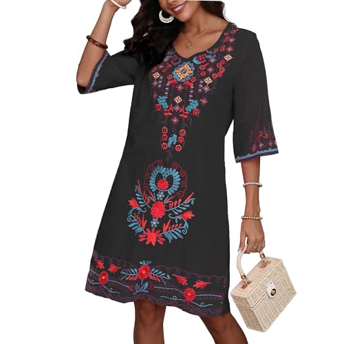 Image of Grosy Women's Embroidered Mexican Fiesta Dress Plus Size Traditional Floral Boho Dresses for Women Peasant Hippie Outfit