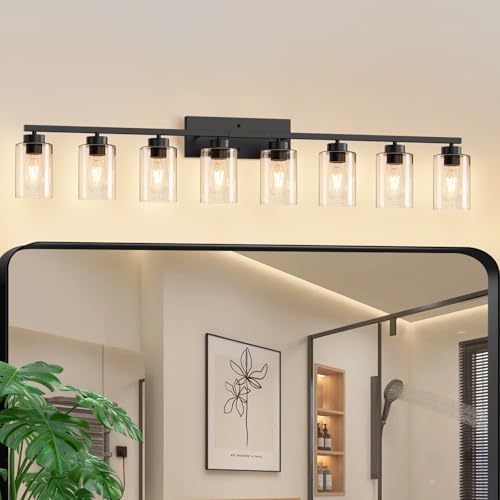 Image of IZORRO Bathroom Light Fixtures, Modern Vanity Lights, Bathroom Lighting Fixtures Over Mirror with Clear Glass Shade, Wall Sconce for Living Room Cabinet Bedroom (Matte Black, 8-Light)
