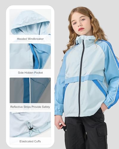 Image of Rolanko Girls Windbreaker Jacket Lightweight Water Resistant Hooded Outwear Jacket for Kids Boys Outdoor Hiking School Travel