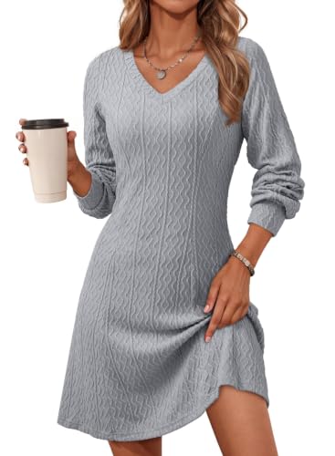 Image of Dokotoo Dresses for Women Trendy V Neck Knit A Line Long Sleeve Dress Sweater Dress