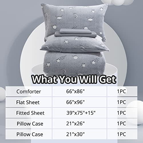 Hombys Glow In The Dark Comforter Set 5 Piece Twin/Twin Xl With Sheets, Grey Velvet Bedding Comforter Sets For Twin Bed, Ultra Soft Down Alternative Comforter For Teenage Boys Kids, Bed In A Bag #TOP3