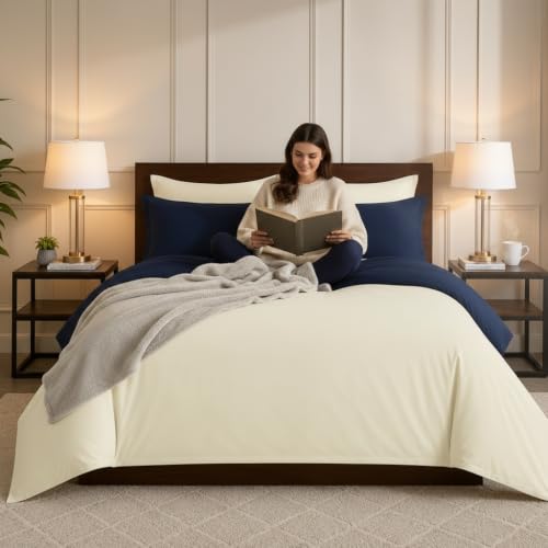 Image of Duvet Cover Single Size Bed (60x92 Inch) 1 Duvet Cover + 4 Pillow Covers with Zipper 600 TC Cotton Reversible Luxurious Quilt, Comforter, Rajai, Blanket Cover (Ivory /Navy Blue)