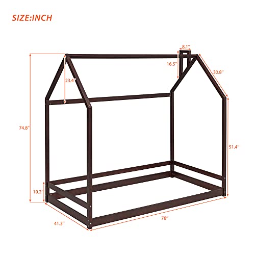 Harper & Bright Designs Montessori House Bed Twin For Kids, Toddler House Bed With Roof,Wood Floor Bed Frame For Girls Boys Bedroom Furniture, Box Spring Needed,Espresso #TOP1