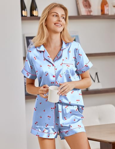 Image of Ekouaer Satin Pajamas for Women Silk Pjs Short Set 2 Piece Lounge Sets