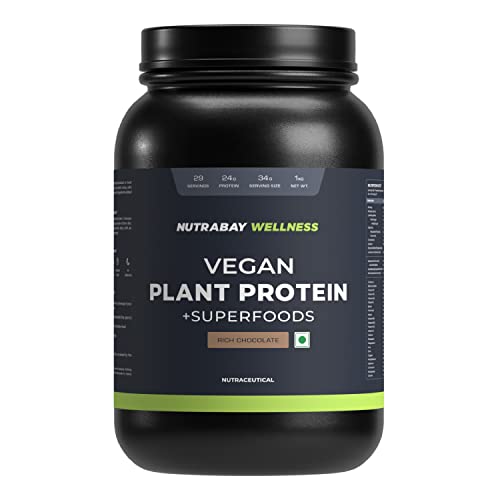 Image of Nutrabay Wellness Vegan Plant Protein Powder + Superfoods 24g Protein per Serving - Complete Amino Acid, Pea & Brown Rice, Sugarfree - 1kg, Rich Chocolate | 100% Authentic Clean Protein