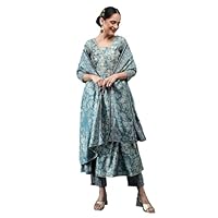 Bani Women Plus Size Angrakha Printed Silk Kurta with Pant & Dupatta Set for Women, 3/4th Sleeves V Neck Long Kurti, Regular Casual Wear for Womens, Stylish Design for All Occasions (XL, Blue)