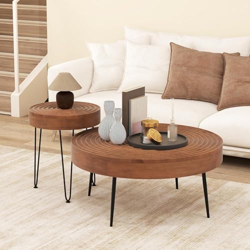 Giantex Boho Round Coffee Table Set of 2, Sofa Side Nesting Table with Solid Pine Wood Top, Metal Legs & Adjustable Foot Pads, 31.5